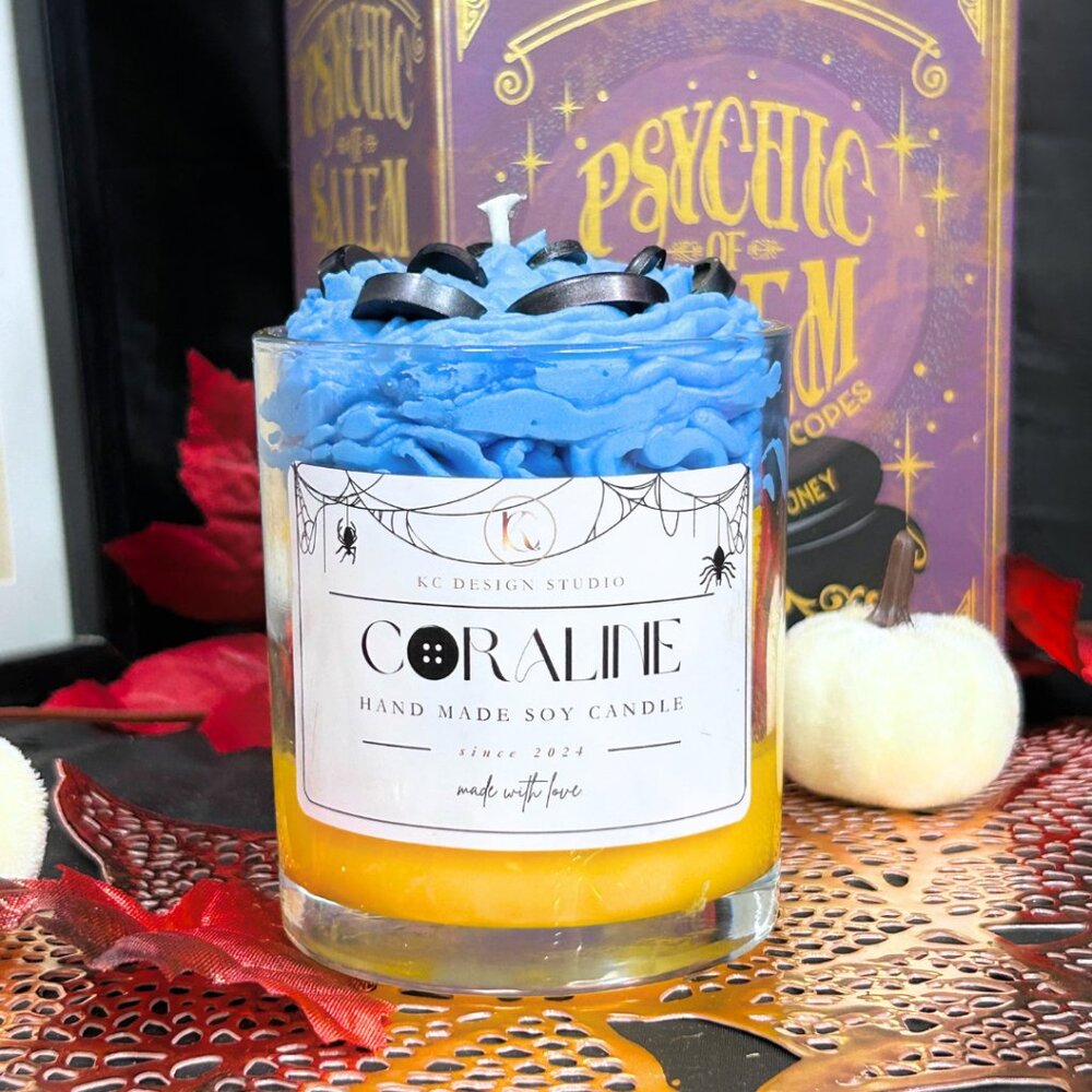Coraline Themed Candle – Spooky Halloween Vibes with Button & Otherworld Charm